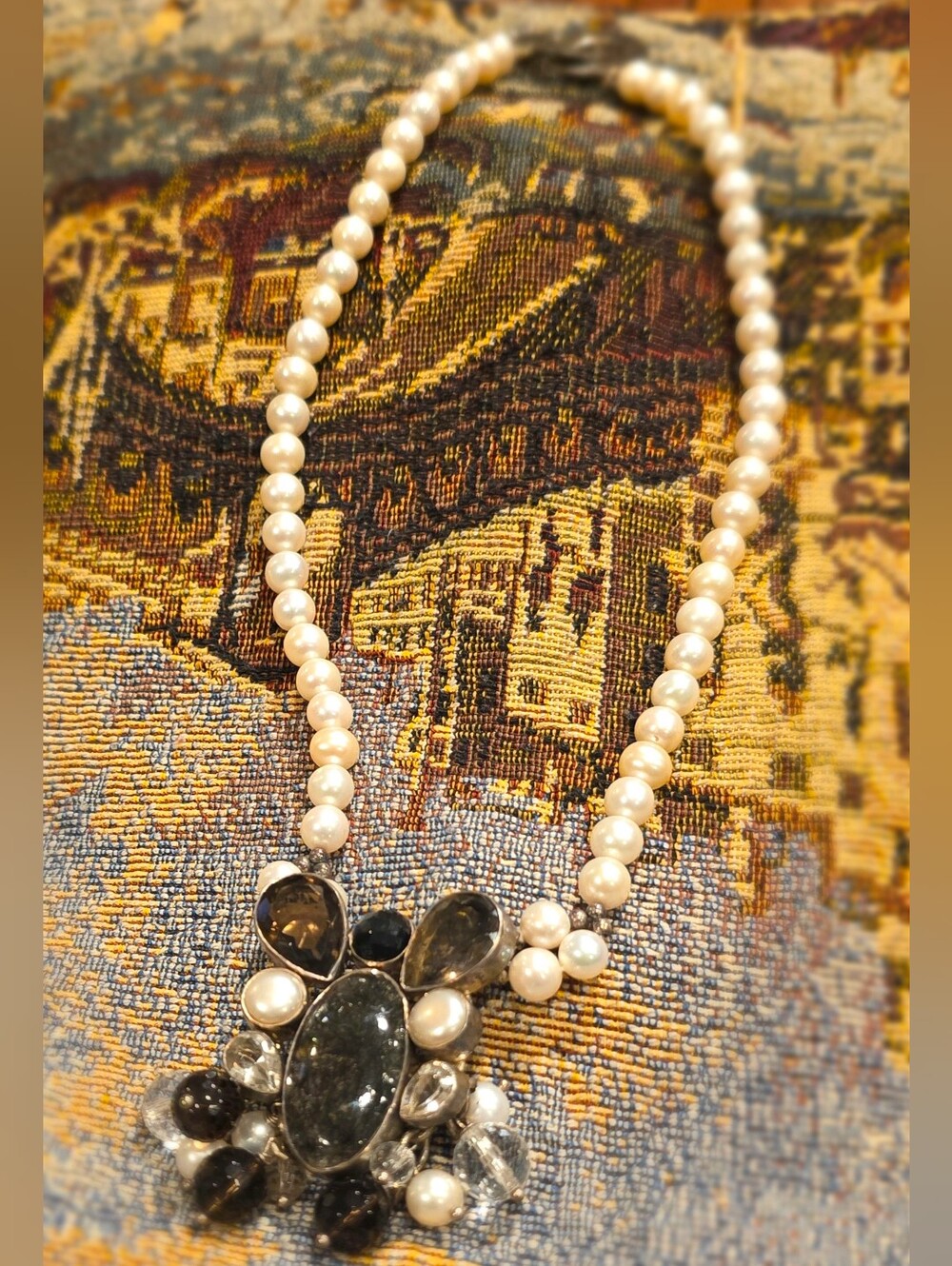 Vintage 925 Sterling Silver Pearl Mixed Smokey Gemstone Necklace